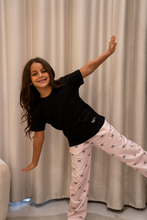 Girls summer pajama set Black t-shirt + Rose Dog Pants